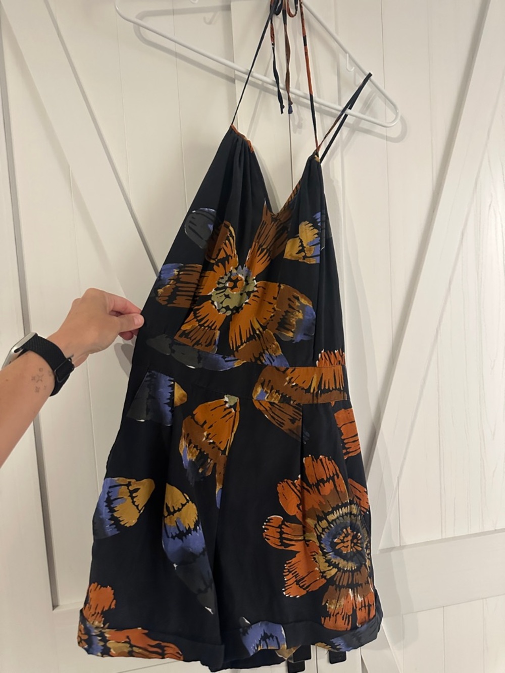 Black Floral Halter Romper with Orange & Blue Print